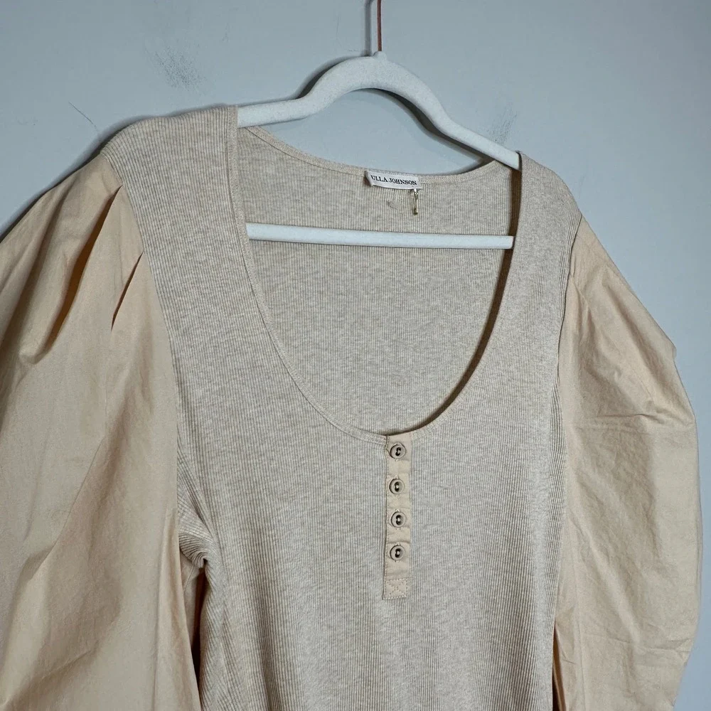 ULLA JOHNSON Joanne Beige Poplin Sleeve Rib Knit Top in Oatmeal Size XL‎